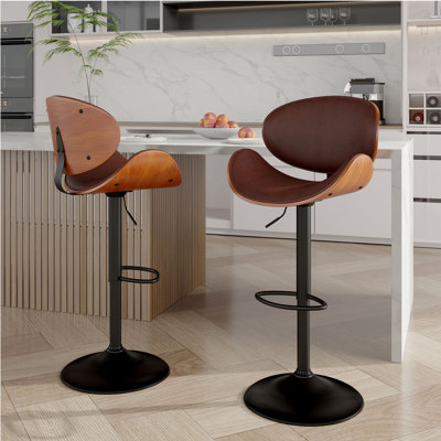 Swivel Bar Stools Set Of 2, Seat Adjustable Height 23.5-32.5in Bentwood Barstools With Back & Footrest, Pu Leather Upholstered Counter Height Bar Chai -  George Oliver, CFC2268AD1054A329550B8C325F81421