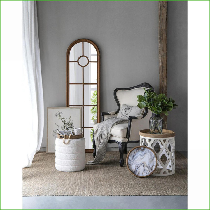 French Country 5-Piece Fir Wood Coffee Table Set with Sherpa Stool, Decor Trays & Vase