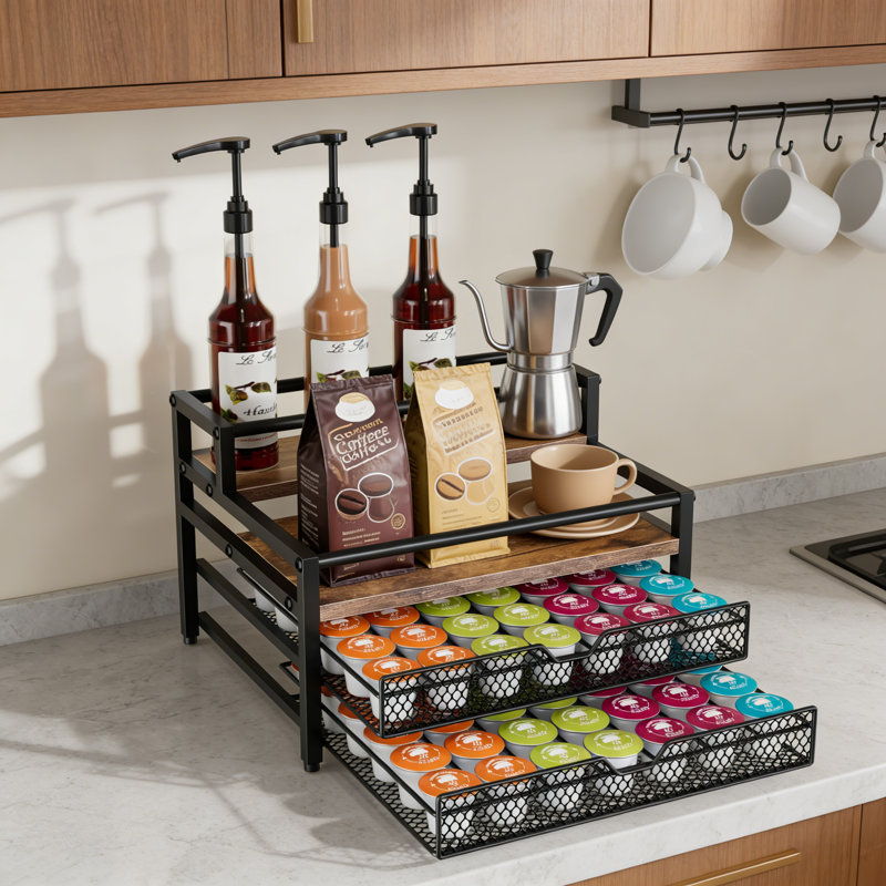 Organisateur de station de café à 4 niveaux avec tiroirs coulissants, pouvant contenir 84 K-Cups et 8 bouteilles de sirop, rangement de comptoir peu encombrant pour la cuisine, le bureau ou le bar à la maison