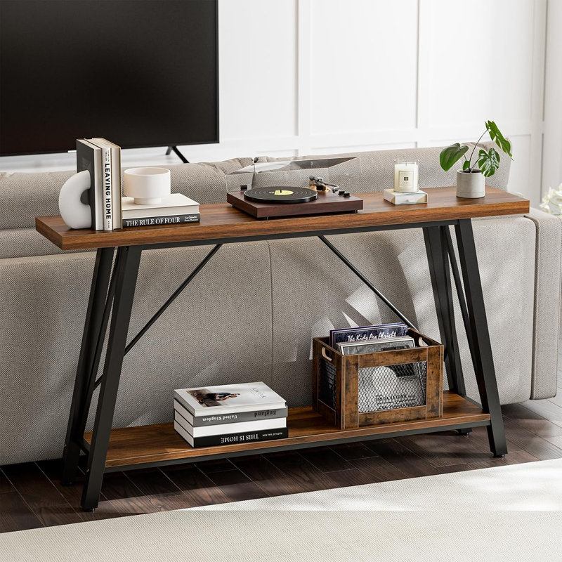 Console industrielle avec tablette de rangement, table de canapé rustique derrière le canapé, table d'appoint d'entrée, table de présentation de couloir pour le salon, brun rustique