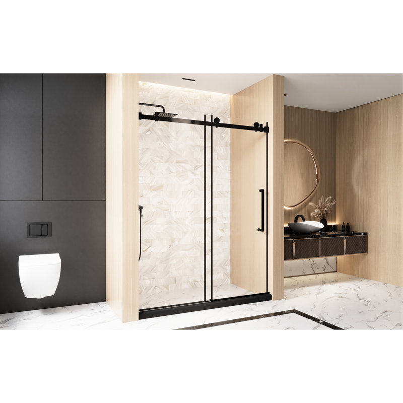 Single Sliding Shower Door, 1/4 "(6 Mm) Clear Tempered Glass 56 - 60 "w X 76" H, Film, Stainless Steel Square Tube Track And Handle In Matte Black For Bathroom H Glass, Handle,