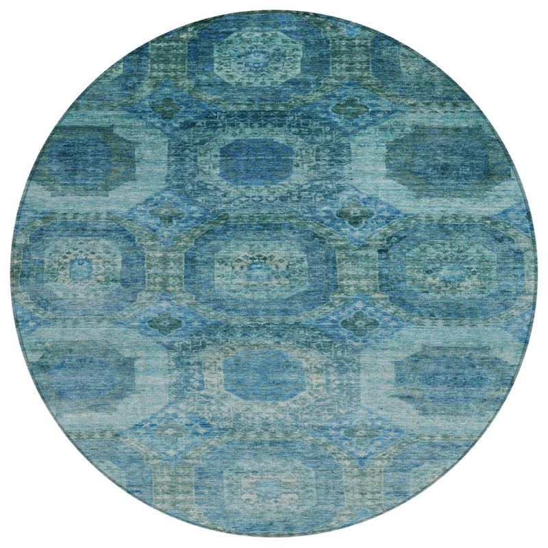 Machine Washable Indoor/Outdoor Xhevrie Blue Rug, Round 8'