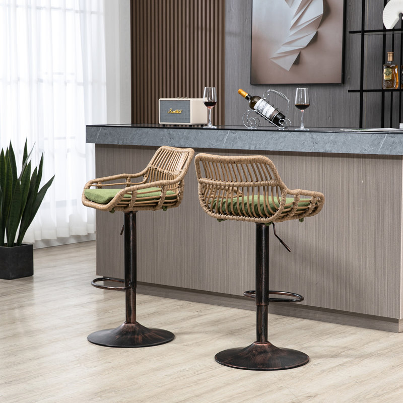 Swivel Counter Height Stools Of 2 - With Footrest For Kitchen & Dining, Metal Base, Linen Upholstered Seat Pad Cover Modern Adjustable Bar Stools, , Cushion, 250Lb Capacity