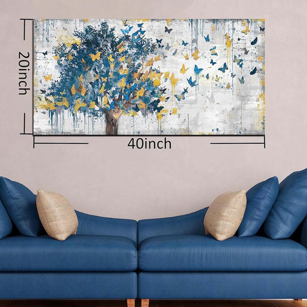 Red Barrel Studio Large Canvas Wall Art Blue Tree Golden Butterflies ...