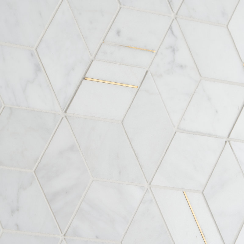 Utopia 14" x 12" Marble and Brass Geometric Mosaic Wall Tile (1.11 Sq. Ft. / Sheet), Carrara