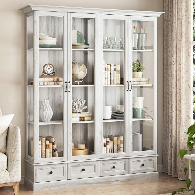78'' Tall Display Cabinet With 4 Drawers And Adjustable Shelves, Antique White