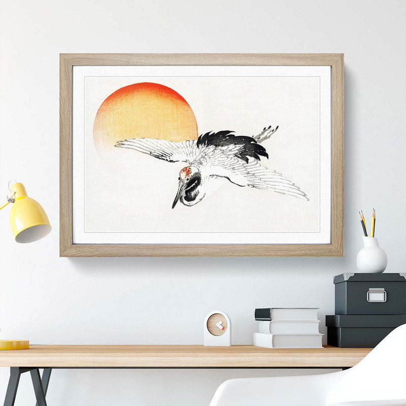 Bird Flying During Sunset by Kono Bairei - Framed Print, 45cm H x 63cm W x 2cm D, Oak Framed