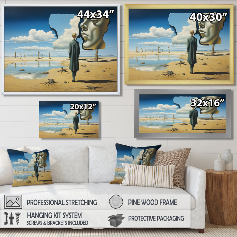 La face de la terre - art mural surréalisme, Cadre flottant noir, H 44 po x l 34 po x P 1,5 po
