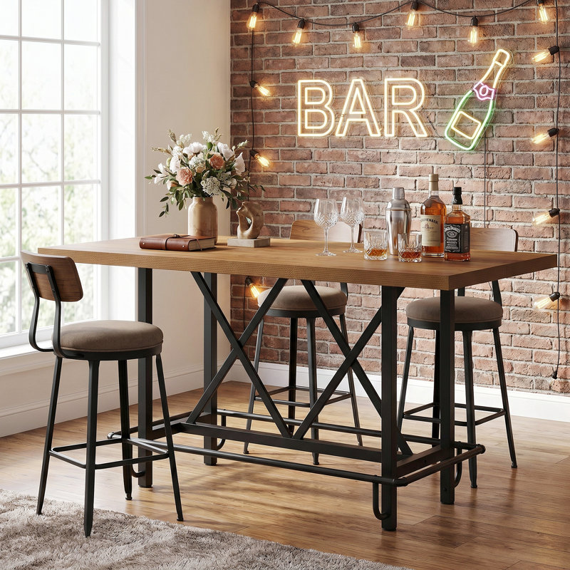 Counter Height Bar Table, 62.99" Long Pub Bar Table With Metal Footrest For Dining Kitchen Breakfast, Light Oak