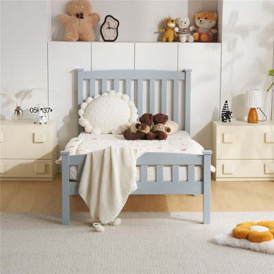 Twin Size Bed Frame Solid Pine Wood With Headboard For Adults, Gray