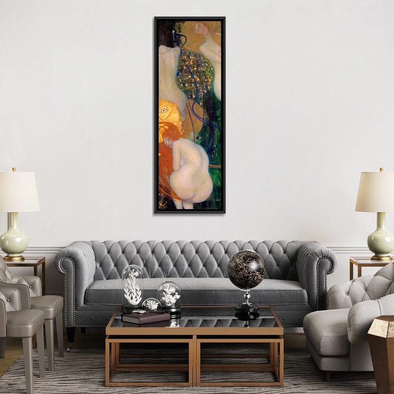 Reproduction d’art sur toile tendue « goldfish » par gustav klimt, H 36 po x l 12 po x P 1,5 po, Cadre noir