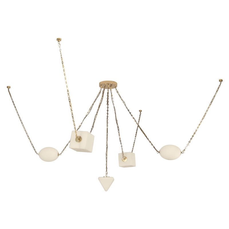 Lustre à 5 lumières DEL minéral en laiton avec verre opale, Laiton, Verre opale