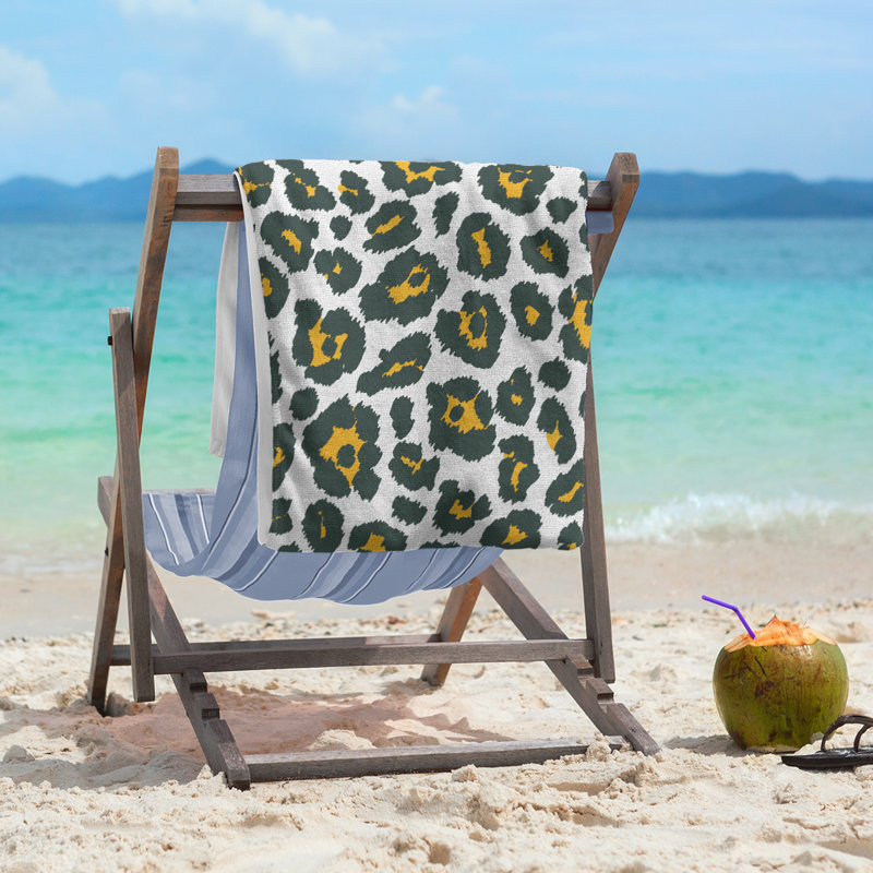 Serviette de plage Davlin, Blanc / or / vert foncé, Mélange polyester-coton