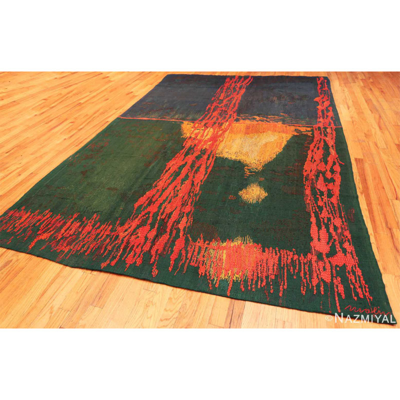 Scandinavian One-of-a-Kind Rectangle 9' X 13'7" 1970s Area Rug in Green/Orange