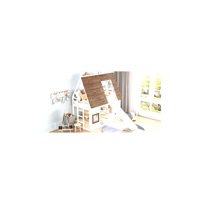Lit superposé simple en bois avec toit, échelle et glissade, blanc et brun