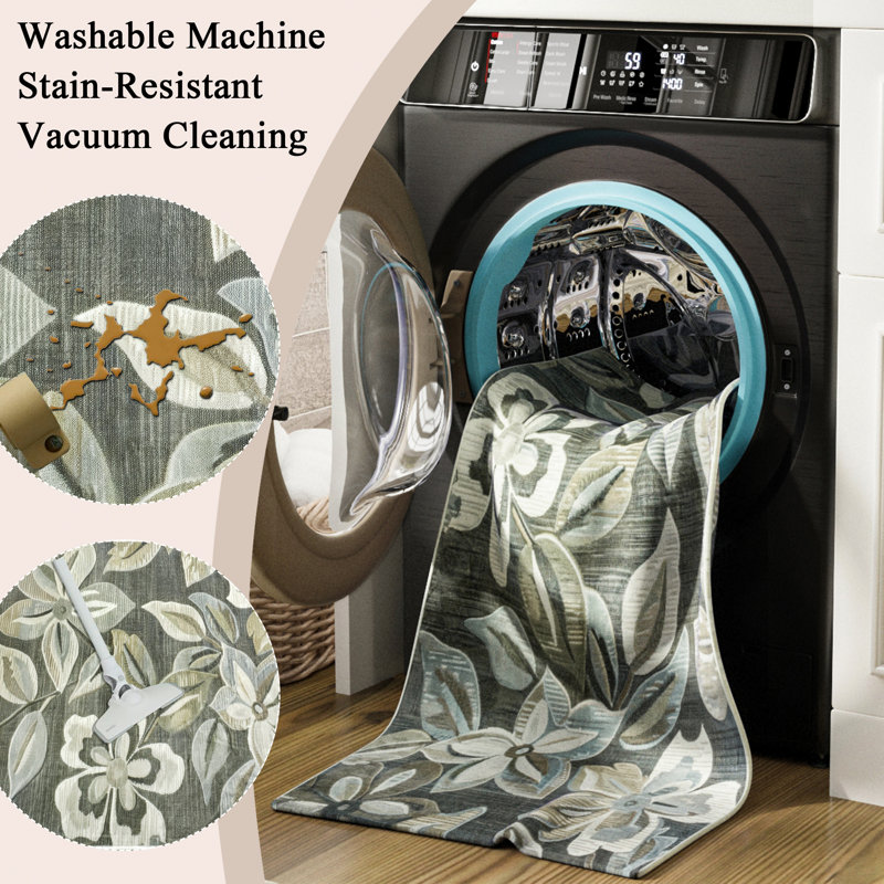 Nature Floral Non-Slip Machine Washable Modern Area Rug in Green/Cream for Living Room, Bedroom, Hallway Runner Indoor Rugs
