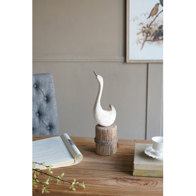 14 Inch Distressed White Paulownia Wood Swan Tabletop Sculpture With Brown Rounded Base Farmhouse Coastal French Country Decor Figurine For Mantel Shelf Entryway Console