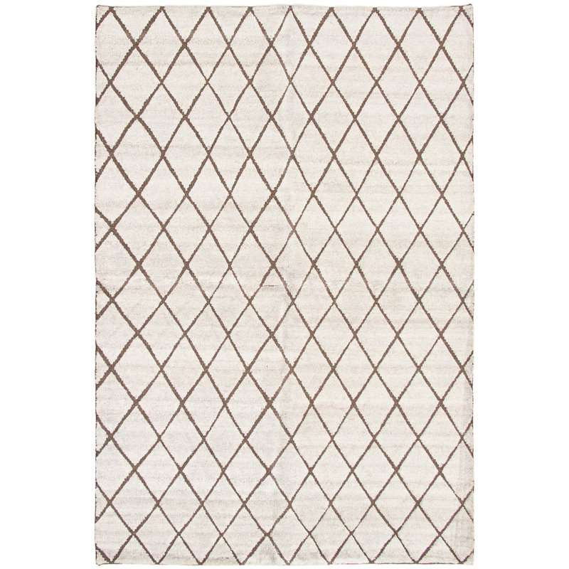 Tapis gris / brun en laine noué à la main de conception unique 6 pi x 9 pi 1 po Theodora