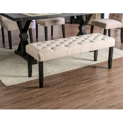 Classic Ivory 1PC BENCH Button Tufted Linen Like Fabric Solid Wood Chair Upholstered Seat Breakfast Rustic Dining Room Furniture