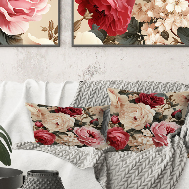 Floral Throw Pillow, Beige Vintage Pattern Decor - Beige Vintage Charm Floral Pattern IV, 16" x 16"