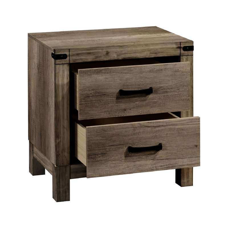 Table de chevet 2 tiroirs pour chambre à coucher - Bois massif brun rustique avec finition de bordure