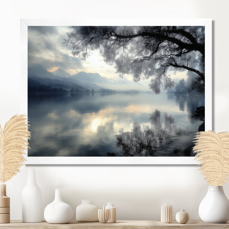 «Serene Lake At Dawn With First Light», impression encadrée sur toile, paysage bleu, Cadre photo unique, H 34 po x l 44 po