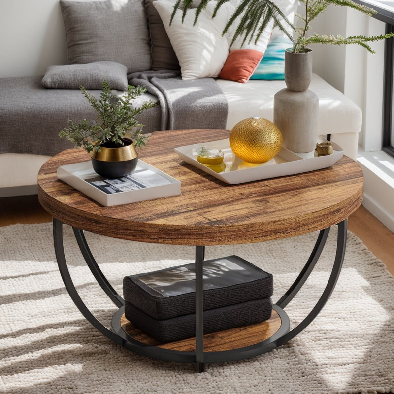 Table basse ronde en bois à 2 niveaux avec tablette de rangement inférieure, table d'appoint centrale moderne pour le salon