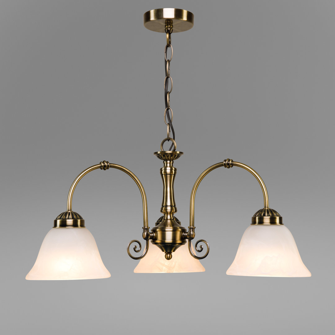 Brazell 3-Light Shaded Antique Brass Down Light Chandelier Alabaster Style Glass
