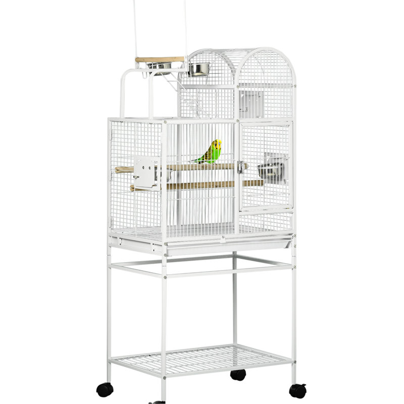 Cage à perroquets de 140 cm (55 pouces), en acier blanc, avec crochets, perchoirs, mangeoires et support à roulettes pour volière d'inséparables et perroquets curieux.