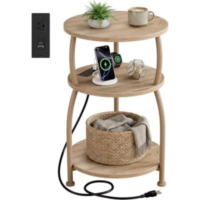 Table d'appoint ronde avec prise électrique, port USB de type C, table de chevet à 3 niveaux (40 cm) idéale pour les petits espaces, table d'appoint haute avec station de recharge pour canapé, salon, chambre, jardin, chêne
