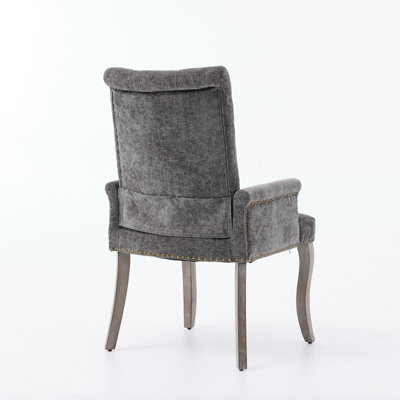 Upholstered Chenille Fabric Accent Dining Chair, Curved Solid Wood Legs, Elegant Tufted Club Dining Room Kitchen Room Arm Dining Chair, Single Pack,Gray,SW1895GY