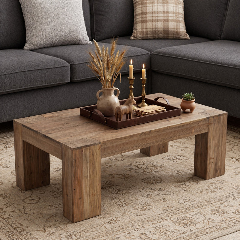 Grande table basse de 55 po en bois massif pour le salon, table de centre de ferme avec pieds robustes