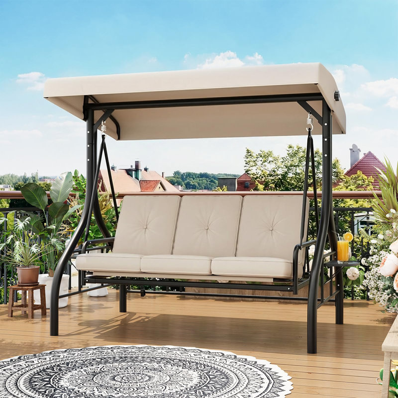 Balancelle d'extérieur 3 places avec auvent réglable, lit de patio convertible avec support, coussins épais, Beige