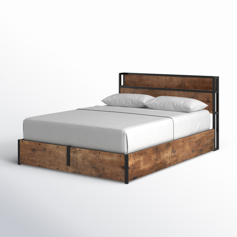 Structure de lit grand avec rangement Tryston, brun rustique, Brun rustique, Grand lit