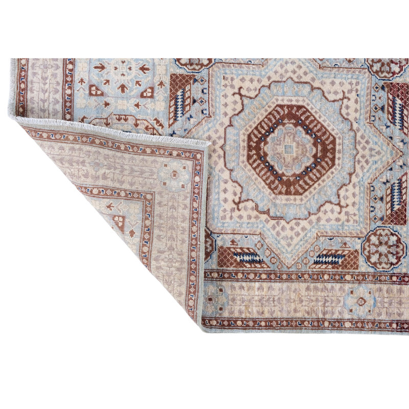 Tapis bleu et beige noué à la main de haute qualité