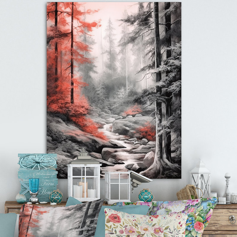 Rouge et gris Mystic Woods II - impressions sur toile de forêt, 44" H x 34" W, Toile tendue