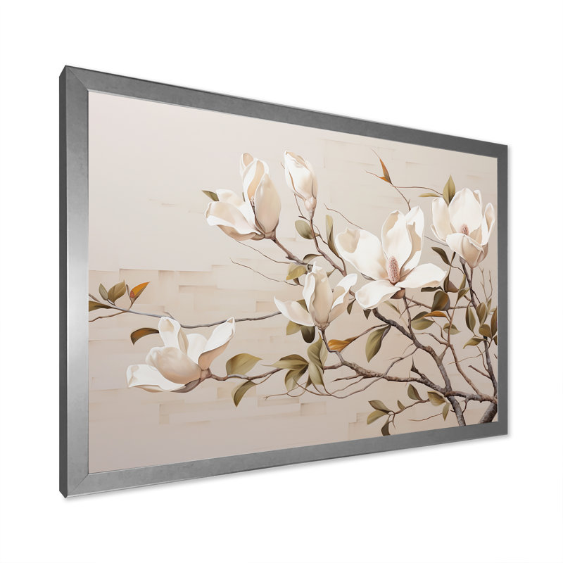Magnolias rêveuses beiges en fleurs II, Cadre simple argenté, H 16 po x l 32 po x P 1 po