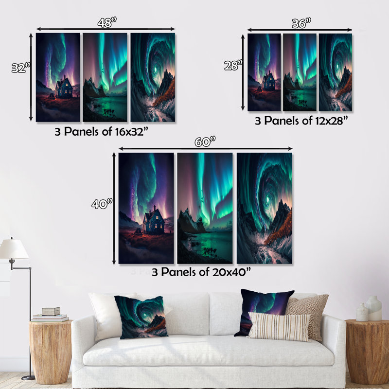 «Countryhouse with Vibrant Northern Lights on Canvas», reproduction de 3 pièces, H 32 po x l 48 po x P 1 po