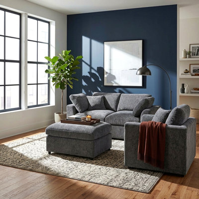 3-Piece Modular Sofa Set, 2-Seater + 1-Seater + Movable Ottoman, Chenille Upholstered Couch with Solid Wood Frame, Includes 2 Throw Pillows, Modern De