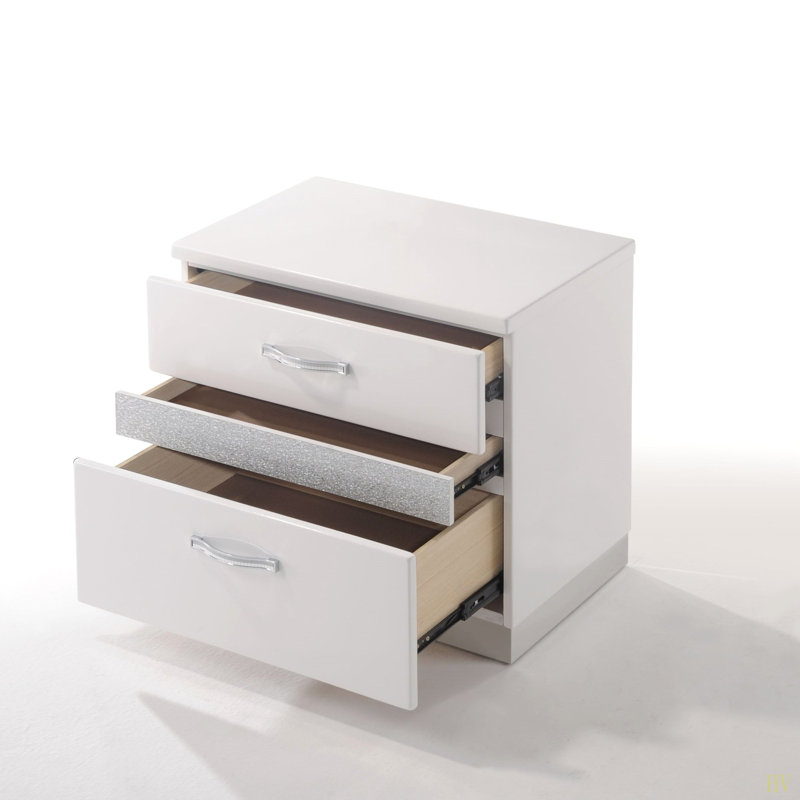 Table de chevet à finition brillante avec 3 tiroirs, mobilier de chambre à coucher moderne 1 pièce