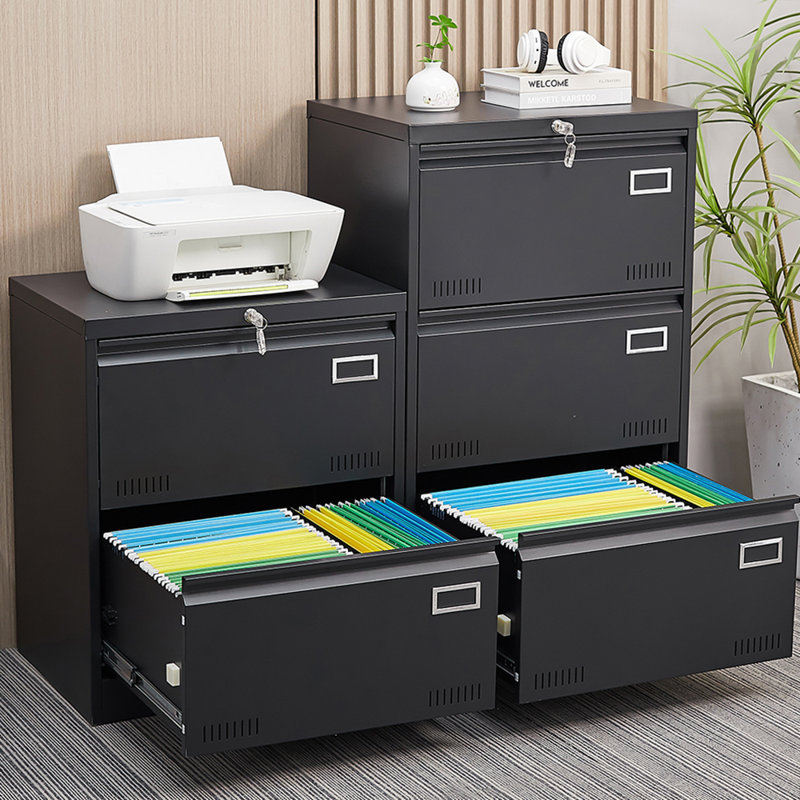 2 Drawer Metal Lateral File Cabinet With Lock, Black