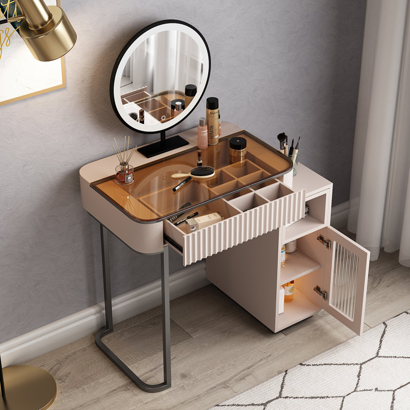 Chiquitha High-quality Makeup Vanity ,Glass Top,Corner, White/Pink