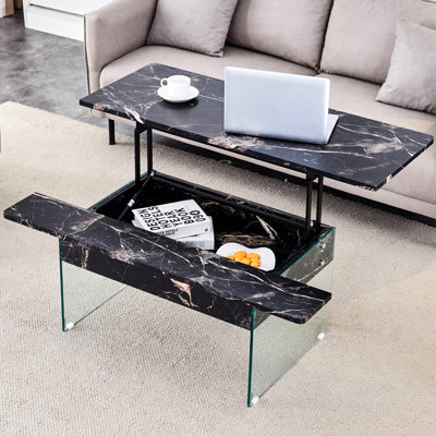 Table basse ergonomique à plateau relevable en marbre noir avec fonction moderne et facile à utiliser - base antidérapante