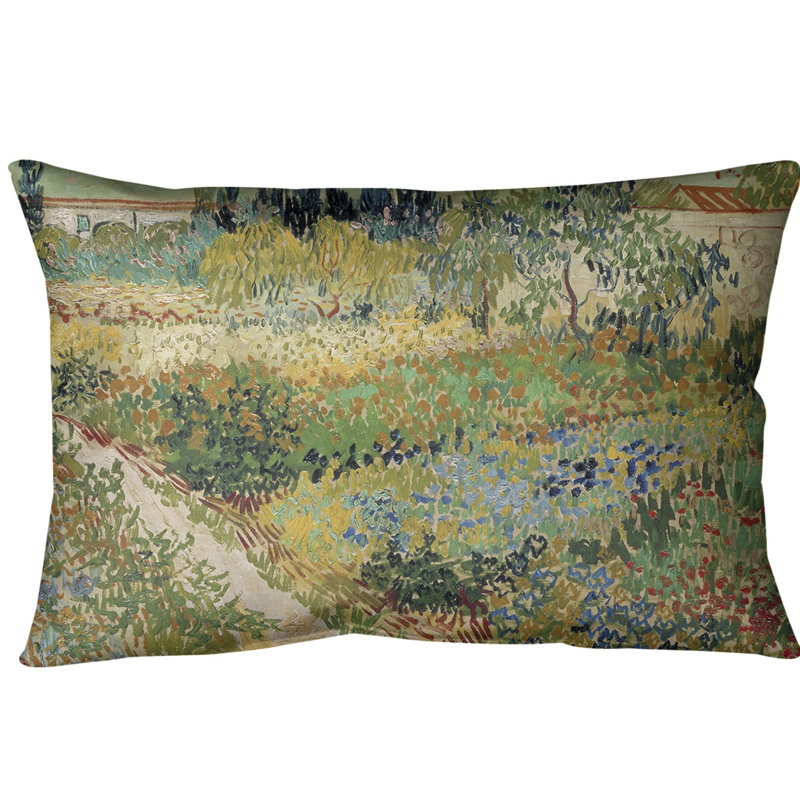 Coussin lombaire bluhender garten mit pfad, Rouge / bleu / brun, Sergé de coton