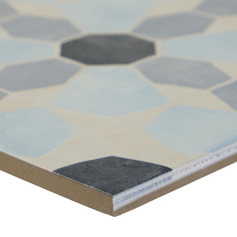 8.8" x 8.8" Porcelain Patterned Wall & Floor Tile, Gray/Blue/Black
