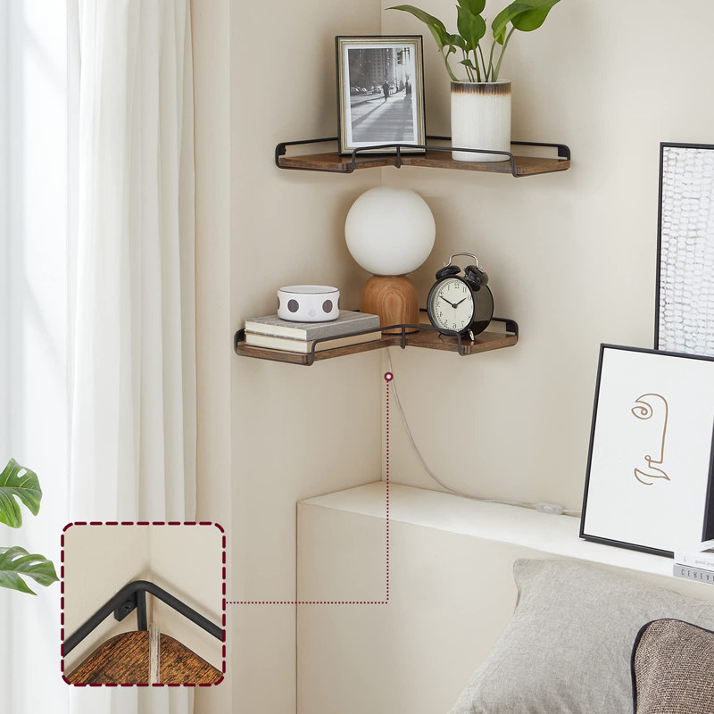 Corner Shelf Wall Mount Set of 2, Rustic Brown/Black