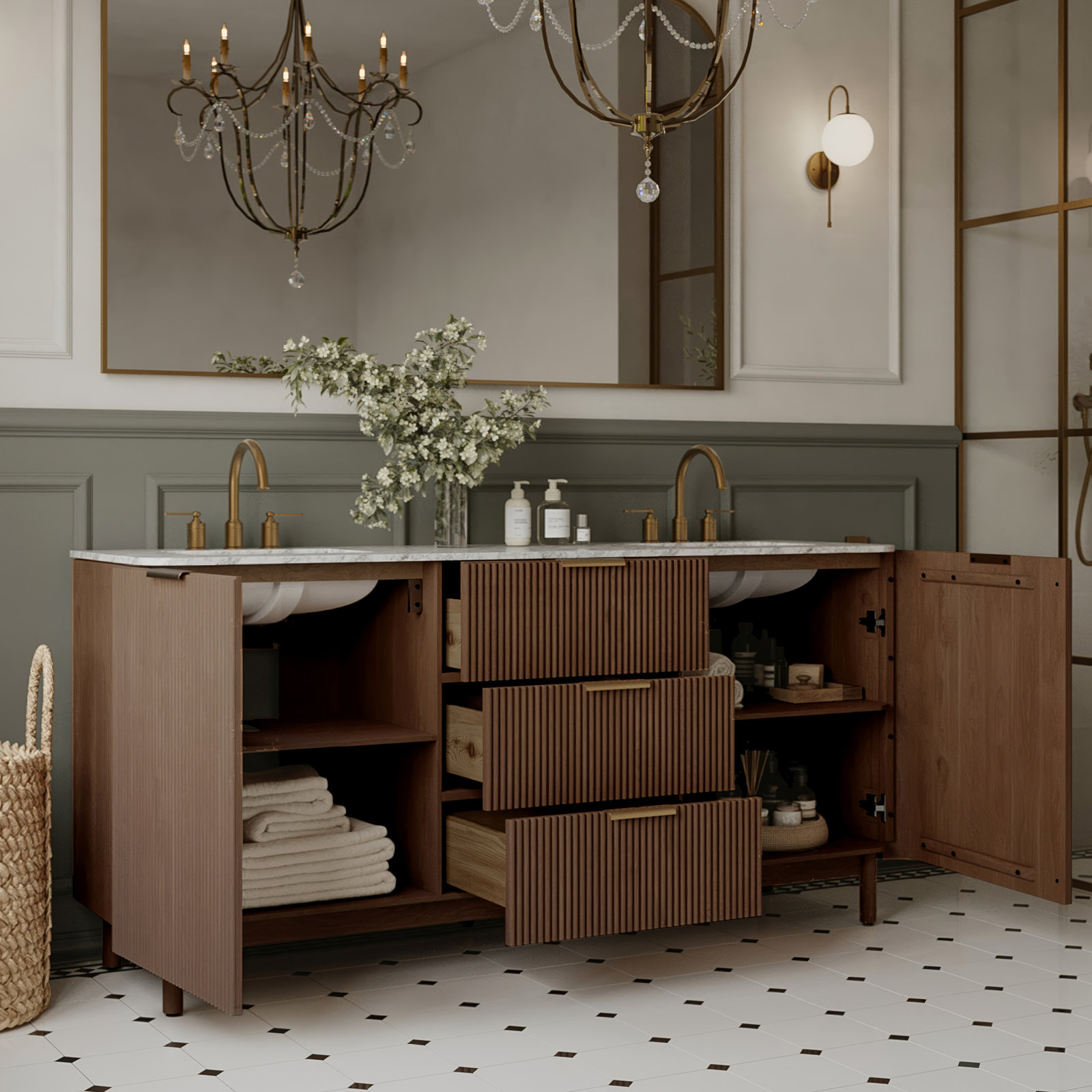 Nova 72" Carrara Marble Double Bathroom Vanity, Brown Reeded Birch