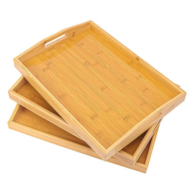 Paquet de 3 plateaux de service en bambou, 15 plateaux de service en bois de 10 pouces avec poignées, plateaux en bambou pour servir les aliments, parfaits pour le dîner, le thé, le bar, le petit déjeuner et la nourriture pour les fêtes, le lit et la cuisine