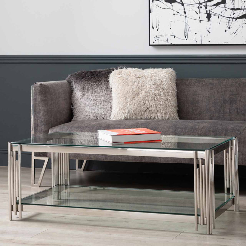 Drye Coffee Table with Storage, Silver, Clear