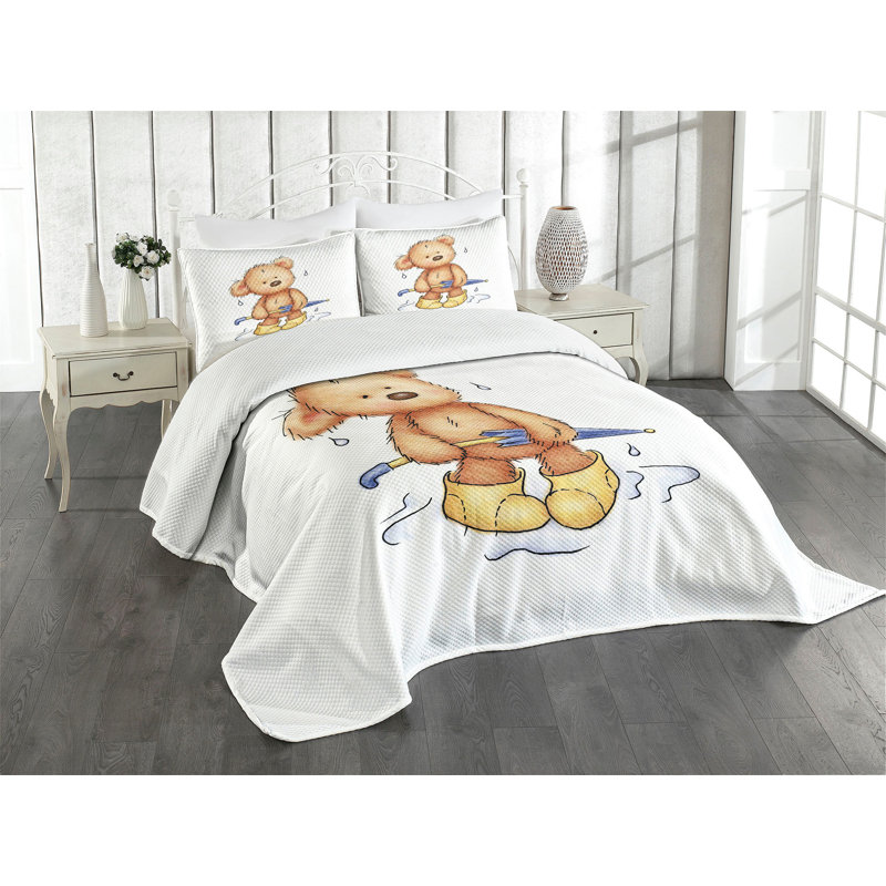 Ambesonne Ambesonne Bear Bedspread Set Teddy Bear Rain Umbrella Sand Brown Yellow Blue